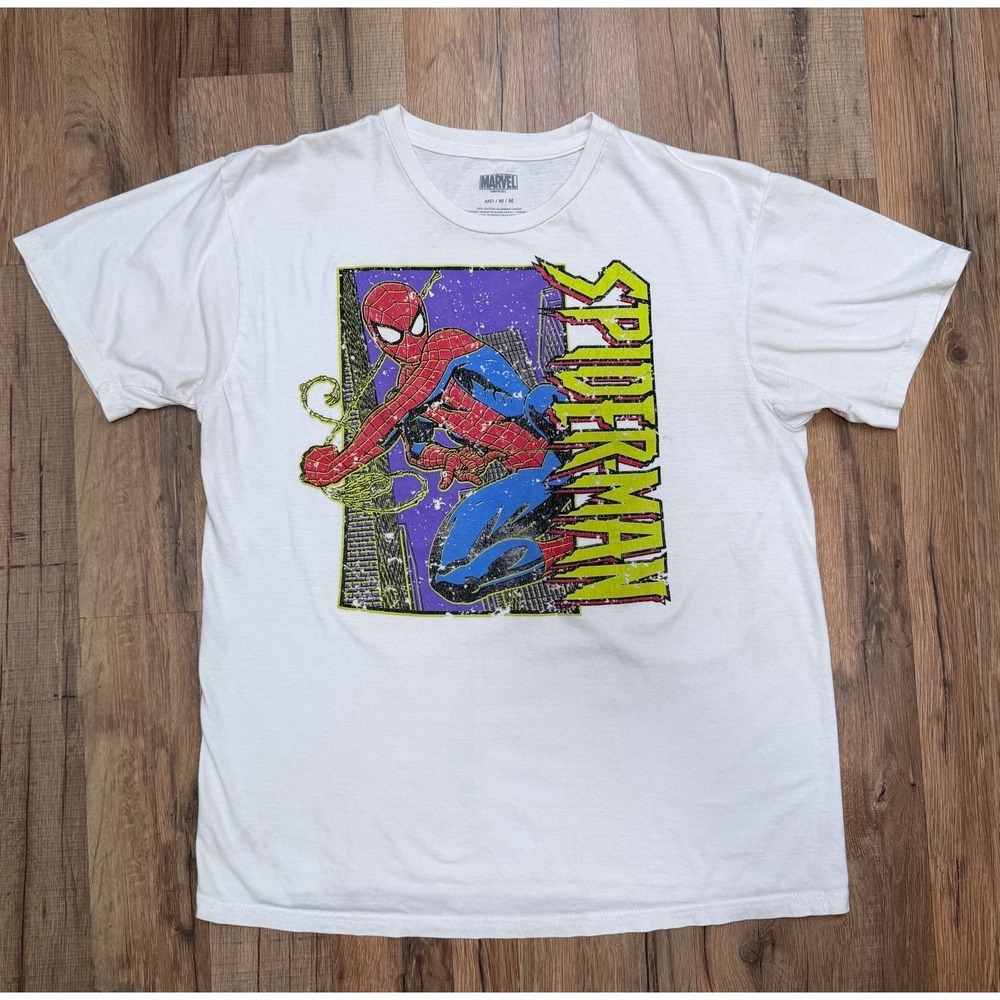 Marvel Spider-Man Graphic T-Shirt Men's Medium White Retro Comic Tee